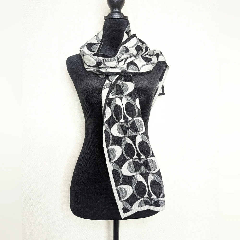 Coach Signature Black White Gray Wool Blend Knit Scarf Shawl - Picture 1 of 7